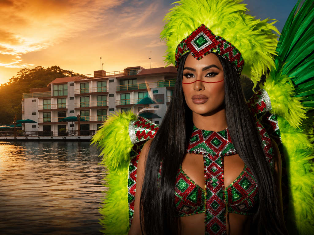 An Indigenous Amazonian Cunhã is standing by the waterfront at sunset, wearing an elaborate Carnival-inspired costume in bright green, red, and silver. Large feathered adornments surround her shoulders and headdress, creating a dramatic and festive look. She has long straight black hair, bold makeup with red details around the eyes, and a confident expression while looking directly at the camera. In the background, a calm river reflects the warm orange tones of the sunset, while modern buildings line the shore, giving the scene a vibrant Amazonian and celebratory atmosphere.